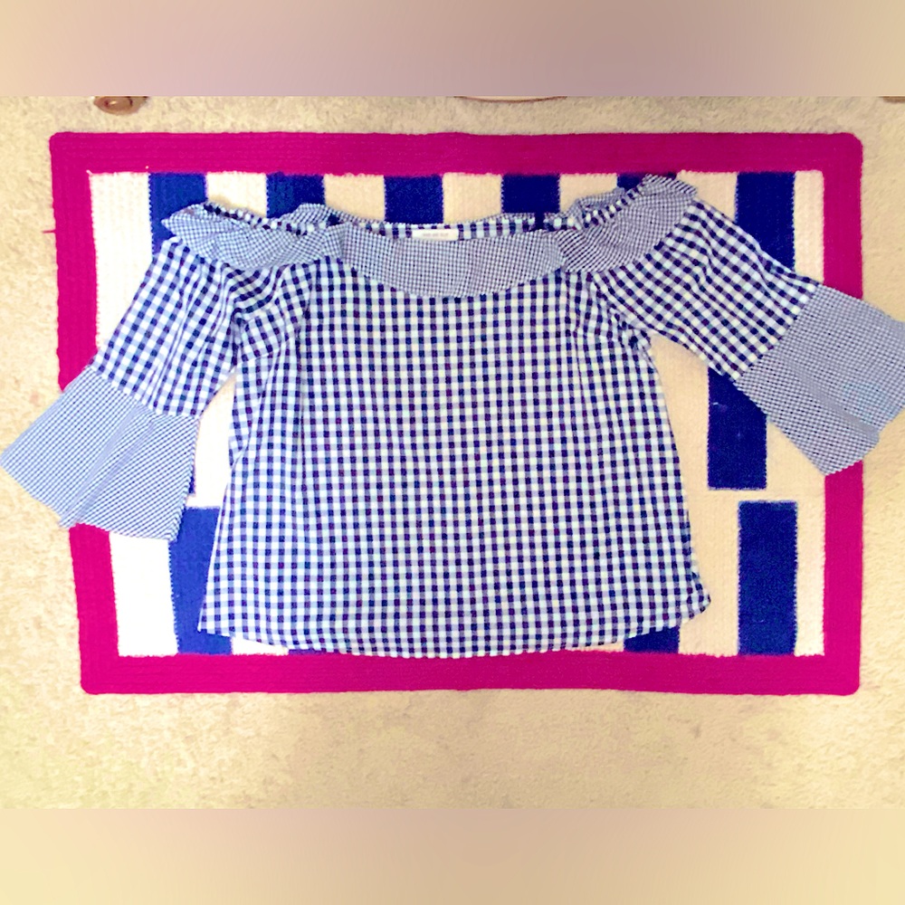 NWOT Skies Are Blue Navy Gingham Off The Shoulders Top